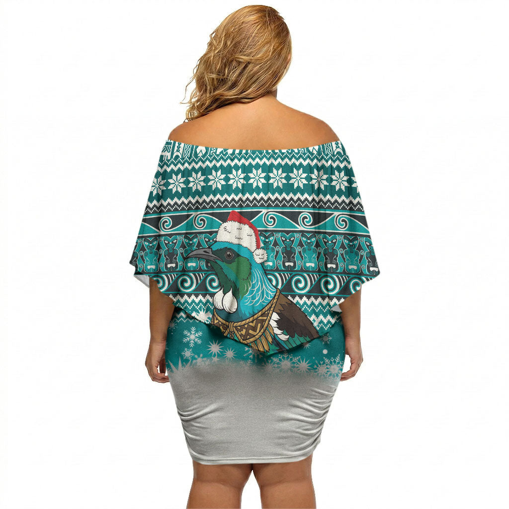 New Zealand Tui Bird Christmas Off Shoulder Short Dress Maori Inspired Knitted Patterns LT9 - Polynesian Pride