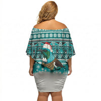 New Zealand Tui Bird Christmas Off Shoulder Short Dress Maori Inspired Knitted Patterns LT9 - Polynesian Pride