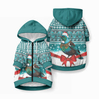 New Zealand Tui Bird Christmas Pet Hoodie Maori Inspired Knitted Patterns LT9 Zip-up Turquoise - Polynesian Pride