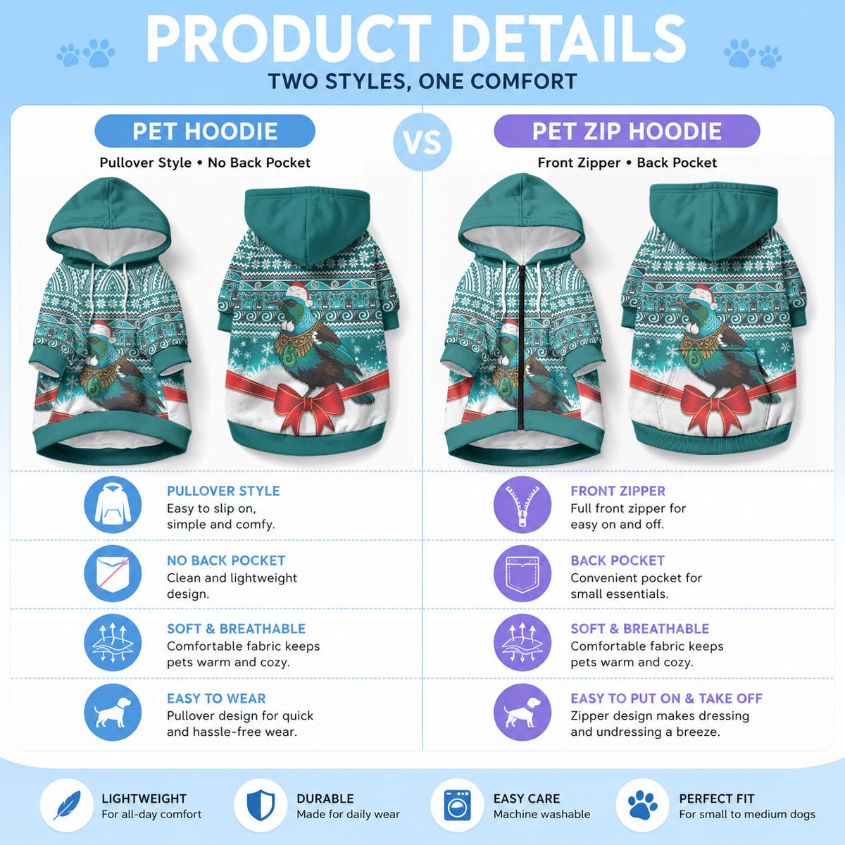 New Zealand Tui Bird Christmas Pet Hoodie Maori Inspired Knitted Patterns LT9 - Polynesian Pride