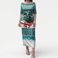 New Zealand Tui Bird Christmas Puletasi Maori Inspired Knitted Patterns LT9 Long Dress Turquoise - Polynesian Pride