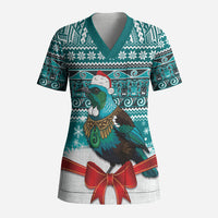 New Zealand Tui Bird Christmas Scrub Top Maori Inspired Knitted Patterns LT9 Adult Turquoise - Polynesian Pride