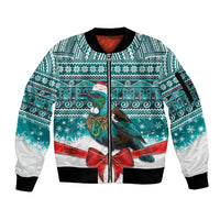 New Zealand Tui Bird Christmas Sleeve Zip Bomber Jacket Maori Inspired Knitted Patterns