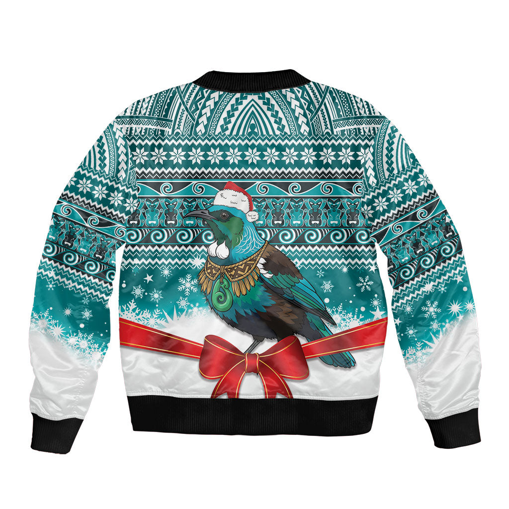 New Zealand Tui Bird Christmas Sleeve Zip Bomber Jacket Maori Inspired Knitted Patterns