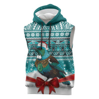 New Zealand Tui Bird Christmas Sleeveless Hoodie Maori Inspired Knitted Patterns LT9 Turquoise - Polynesian Pride