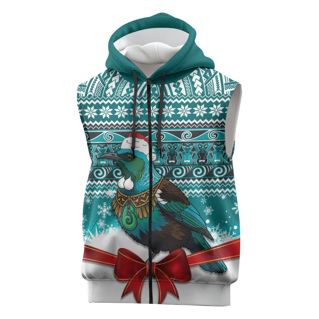 New Zealand Tui Bird Christmas Sleeveless Zip Hoodie Maori Inspired Knitted Patterns LT9 Turquoise - Polynesian Pride