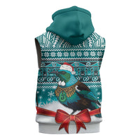 New Zealand Tui Bird Christmas Sleeveless Zip Hoodie Maori Inspired Knitted Patterns LT9 - Polynesian Pride