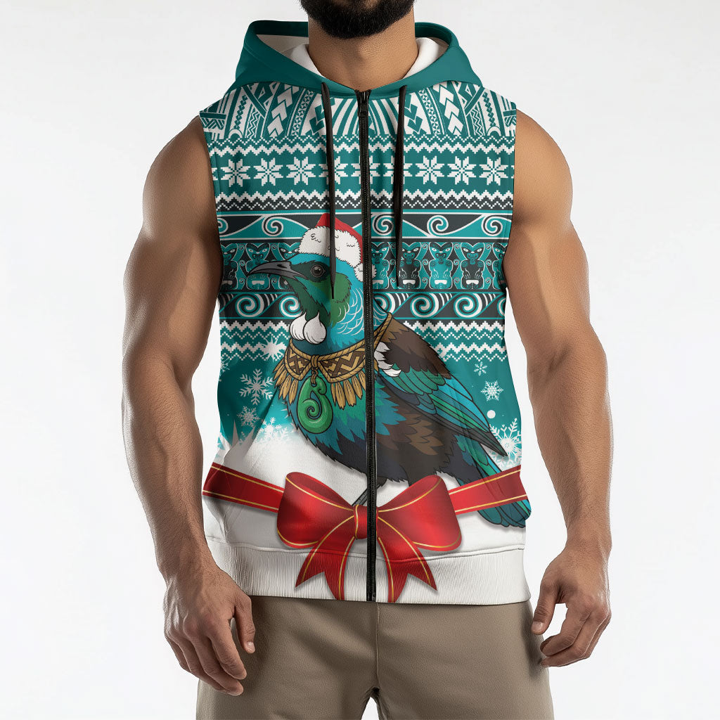 New Zealand Tui Bird Christmas Sleeveless Zip Hoodie Maori Inspired Knitted Patterns LT9 - Polynesian Pride