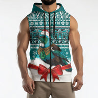 New Zealand Tui Bird Christmas Sleeveless Zip Hoodie Maori Inspired Knitted Patterns LT9 - Polynesian Pride