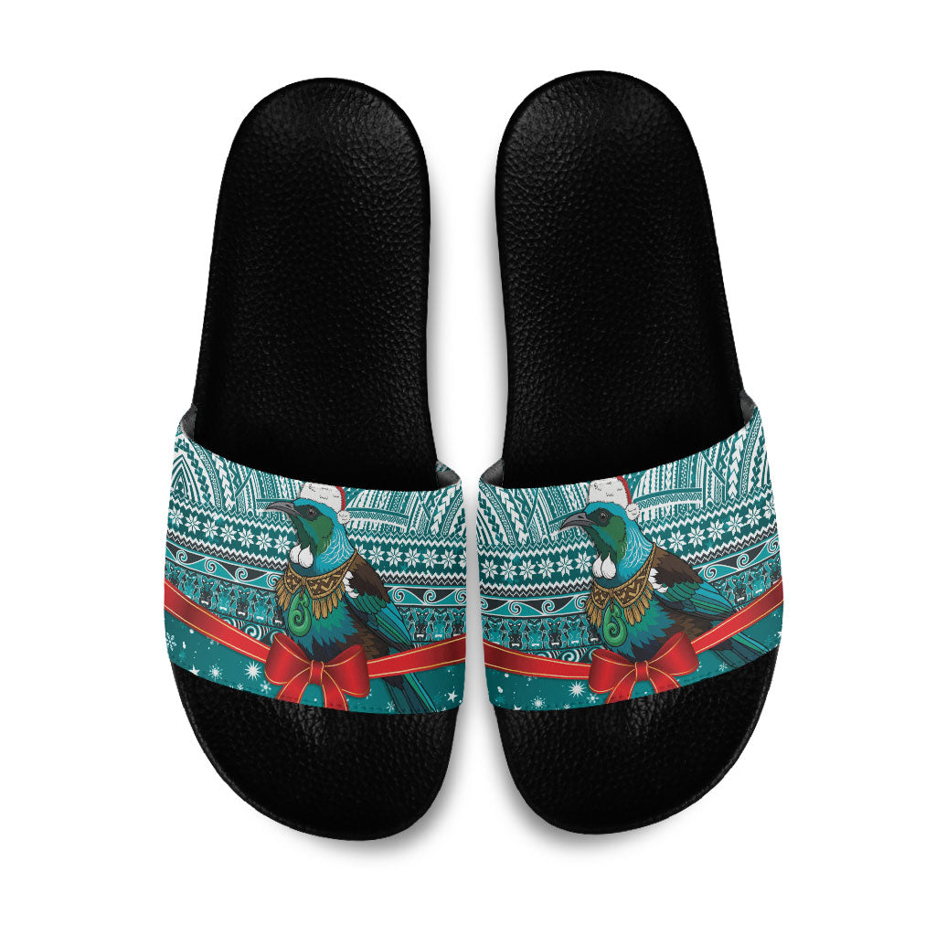 New Zealand Tui Bird Christmas Slide Sandals Maori Inspired Knitted Patterns LT9 Turquoise - Polynesian Pride