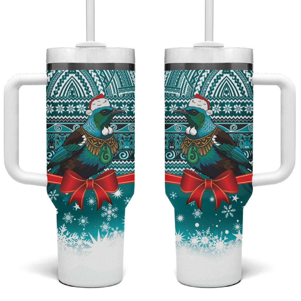 New Zealand Tui Bird Christmas Tumbler With Handle Maori Inspired Knitted Patterns LT9 One Size: 40 oz Turquoise - Polynesian Pride