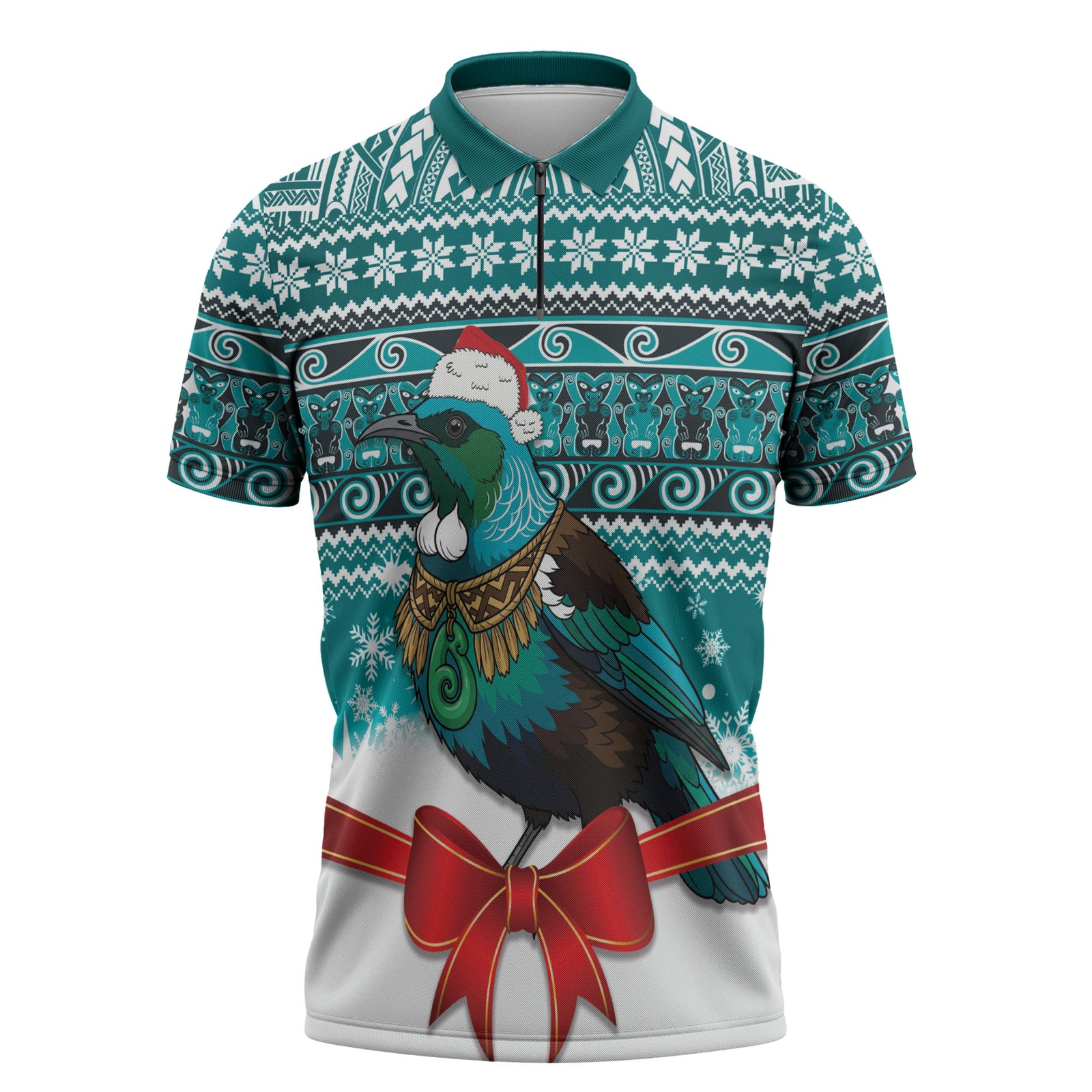 New Zealand Tui Bird Christmas Zipper Polo Shirt Maori Inspired Knitted Patterns LT9 Turquoise - Polynesian Pride