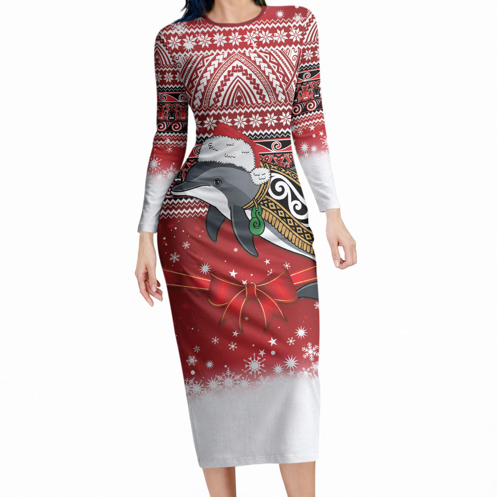 New Zealand Dolphin Terehu Christmas Long Sleeve Bodycon Dress Maori Inspired Knitted Patterns LT9 Long Dress Red - Polynesian Pride