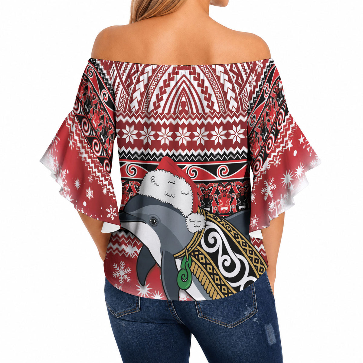 New Zealand Dolphin Terehu Christmas Off Shoulder Wrap Waist Top Maori Inspired Knitted Patterns LT9 - Polynesian Pride
