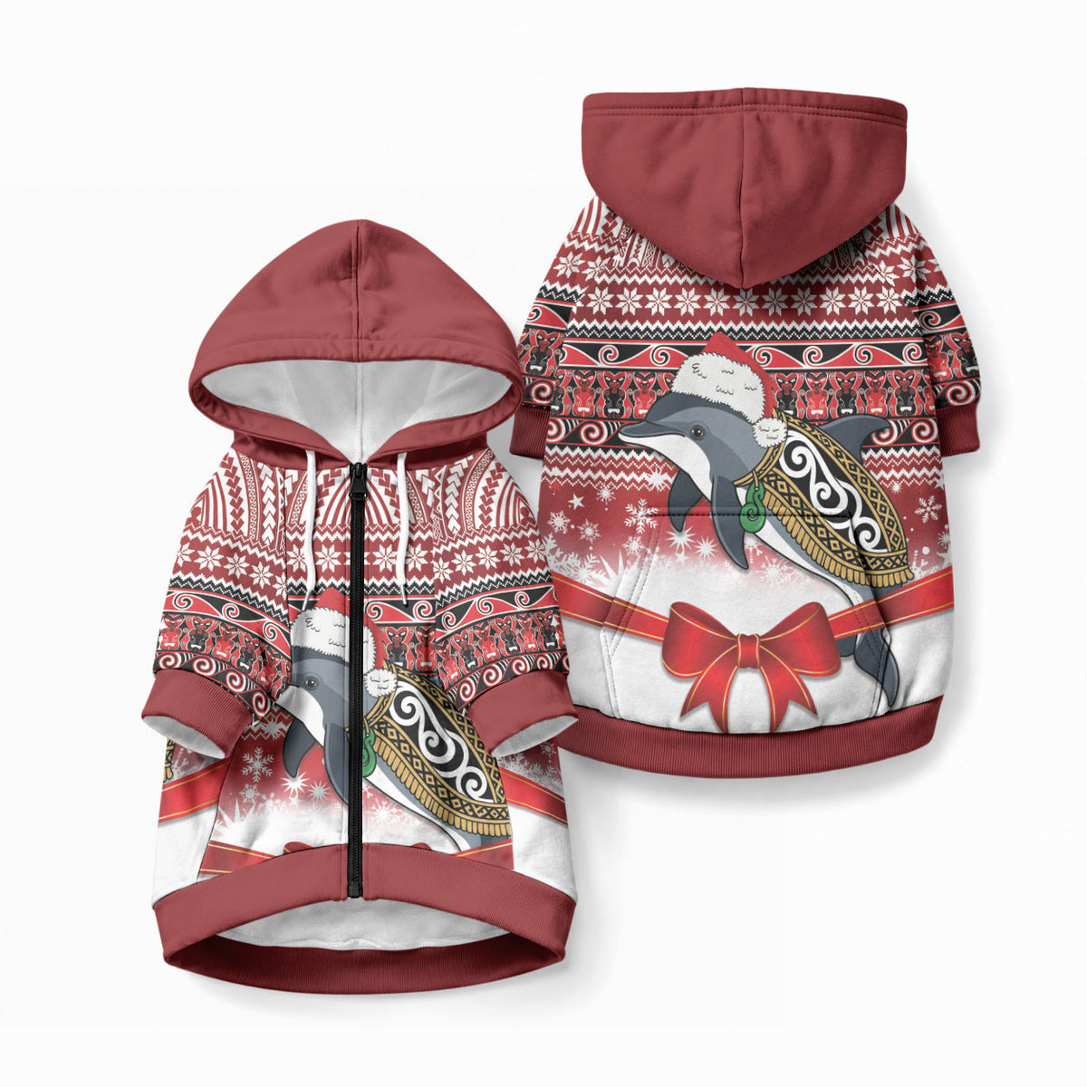 New Zealand Dolphin Terehu Christmas Pet Hoodie Maori Inspired Knitted Patterns LT9 Zip-up Red - Polynesian Pride