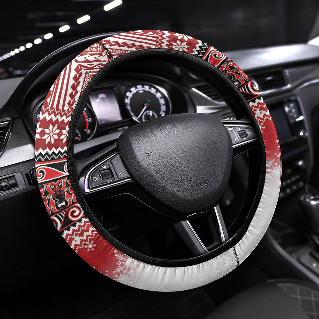 New Zealand Dolphin Terehu Christmas Steering Wheel Cover Maori Inspired Knitted Patterns LT9 Universal Fit Red - Polynesian Pride