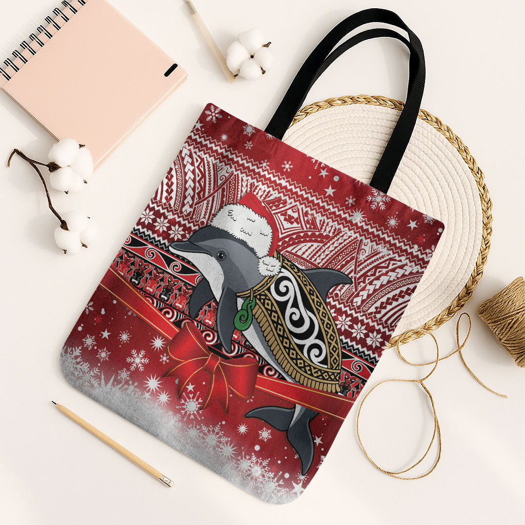 New Zealand Dolphin Terehu Christmas Tote Bag Maori Inspired Knitted Patterns LT9 Black Strap One Size Red - Polynesian Pride