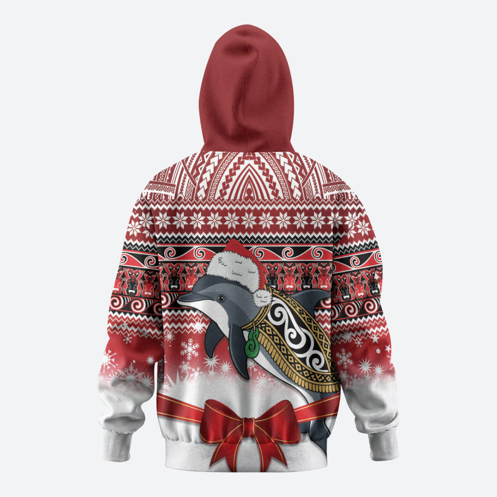 New Zealand Dolphin Terehu Christmas Zip Hoodie Maori Inspired Knitted Patterns LT9 - Polynesian Pride