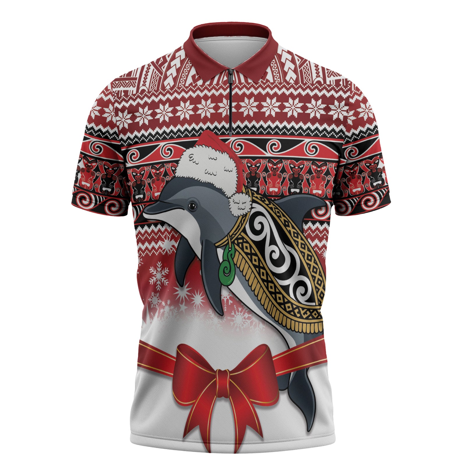 New Zealand Dolphin Terehu Christmas Zipper Polo Shirt Maori Inspired Knitted Patterns LT9 Red - Polynesian Pride