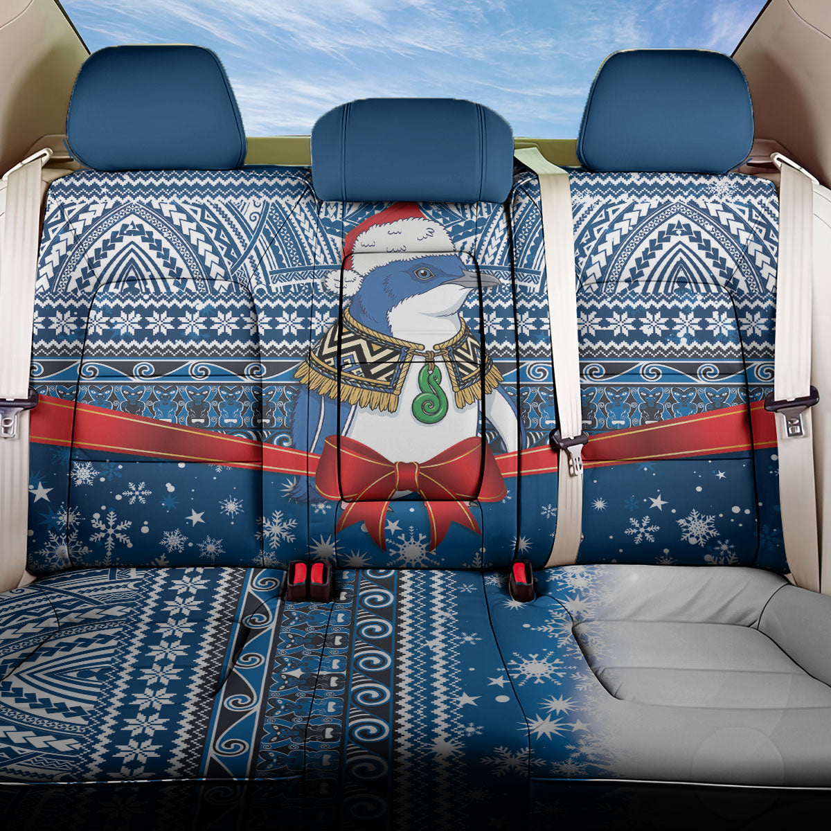 New Zealand Fairy Penguin Korora Christmas Back Car Seat Cover Maori Inspired Knitted Patterns LT9 One Size Blue - Polynesian Pride
