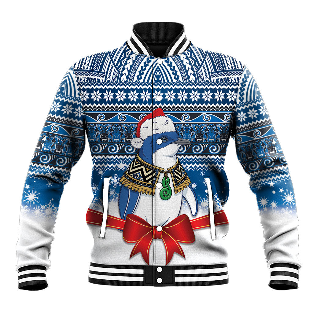 New Zealand Fairy Penguin Korora Christmas Baseball Jacket Maori Inspired Knitted Patterns LT9 Unisex Blue - Polynesian Pride