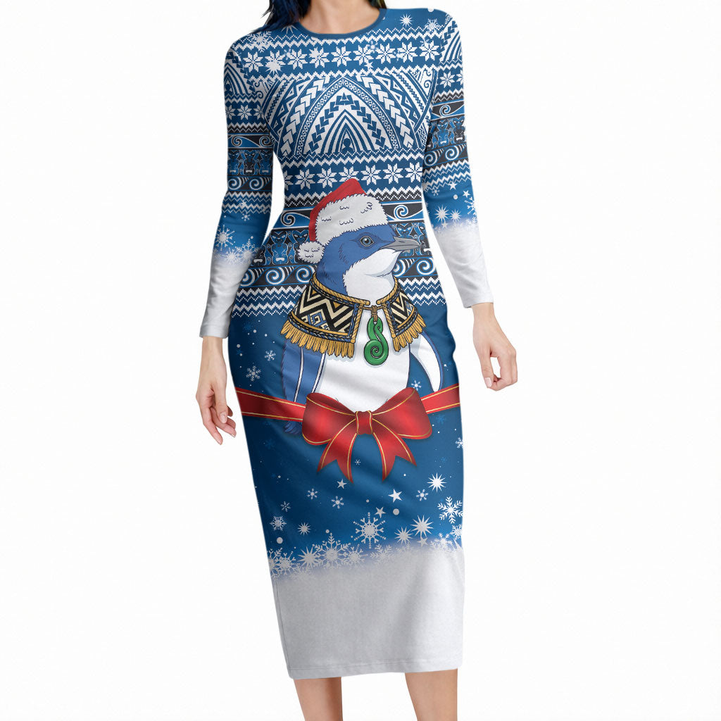 New Zealand Fairy Penguin Korora Christmas Long Sleeve Bodycon Dress Maori Inspired Knitted Patterns LT9 Long Dress Blue - Polynesian Pride