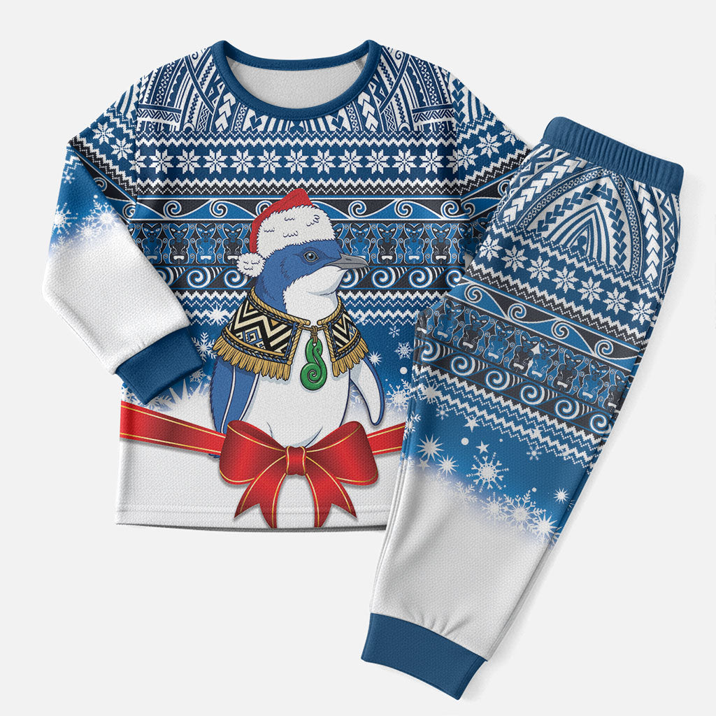 New Zealand Fairy Penguin Korora Christmas Pajama Set Maori Inspired Knitted Patterns LT9 Men Blue - Polynesian Pride