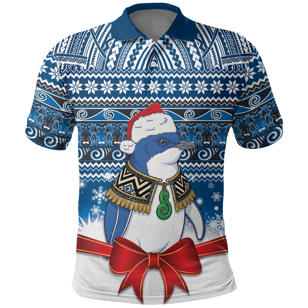 New Zealand Fairy Penguin Korora Christmas Polo Shirt Maori Inspired Knitted Patterns LT9 Blue - Polynesian Pride