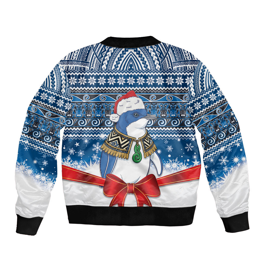 New Zealand Fairy Penguin Korora Christmas Sleeve Zip Bomber Jacket Maori Inspired Knitted Patterns LT9 - Polynesian Pride