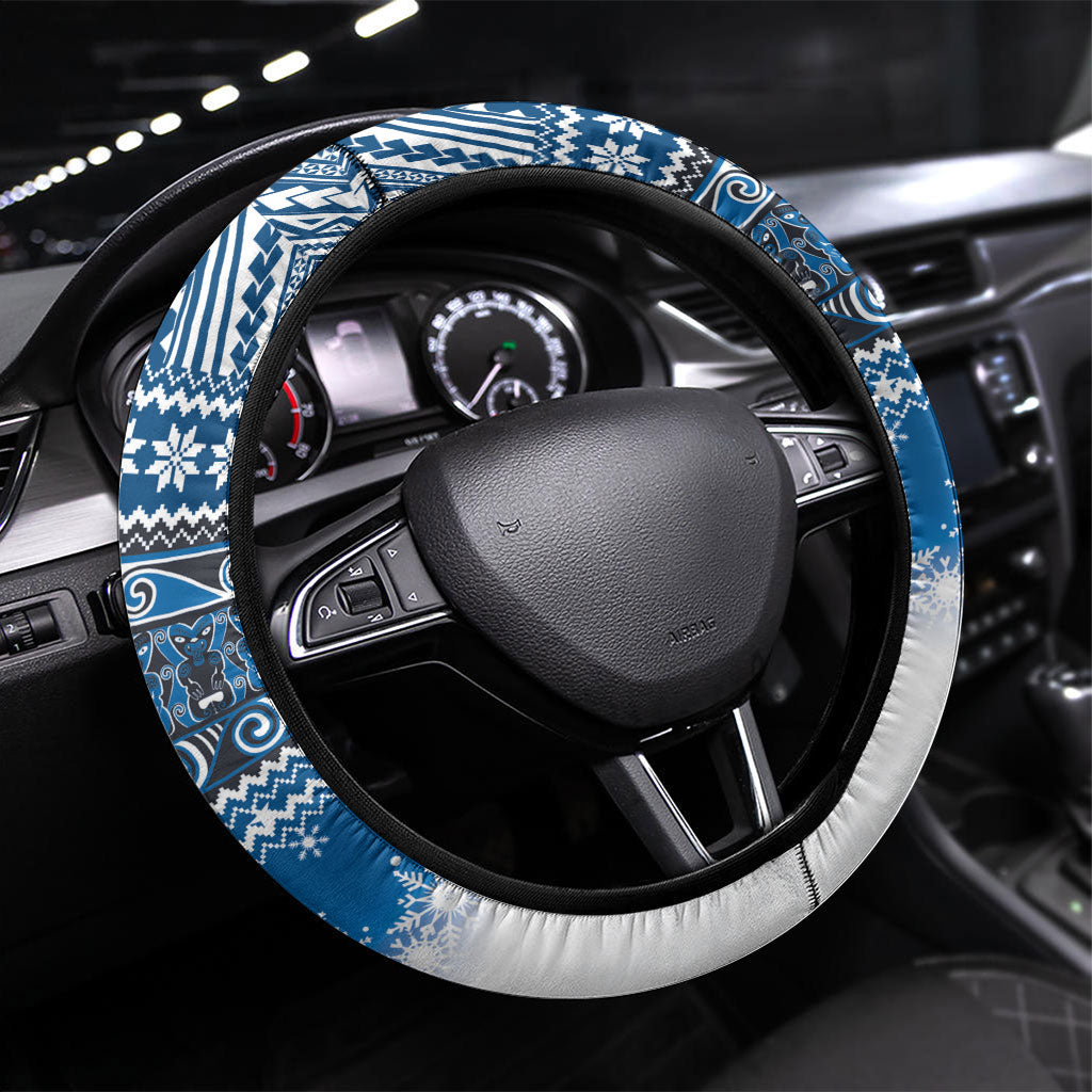 New Zealand Fairy Penguin Korora Christmas Steering Wheel Cover Maori Inspired Knitted Patterns LT9 Universal Fit Blue - Polynesian Pride