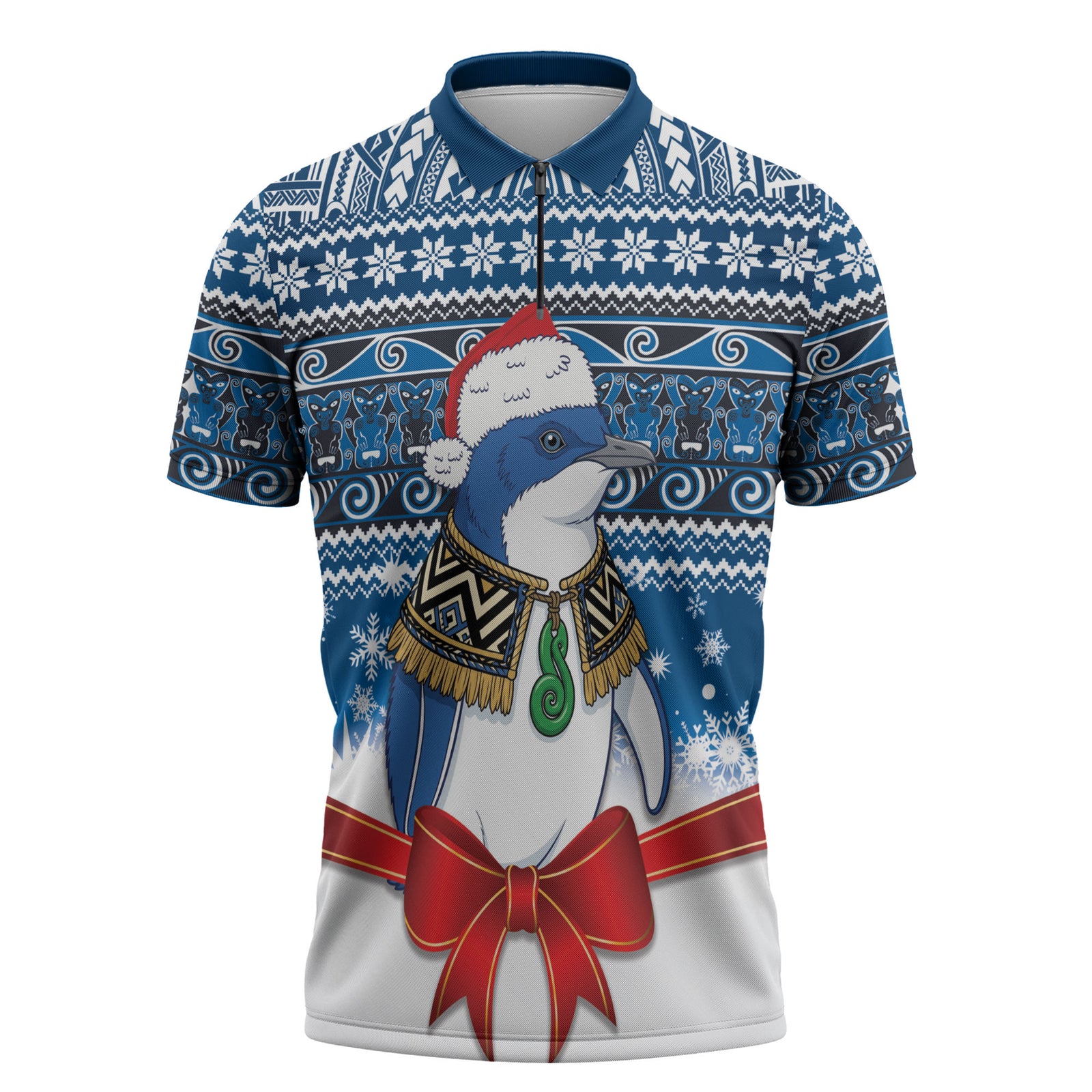 New Zealand Fairy Penguin Korora Christmas Zipper Polo Shirt Maori Inspired Knitted Patterns LT9 Blue - Polynesian Pride