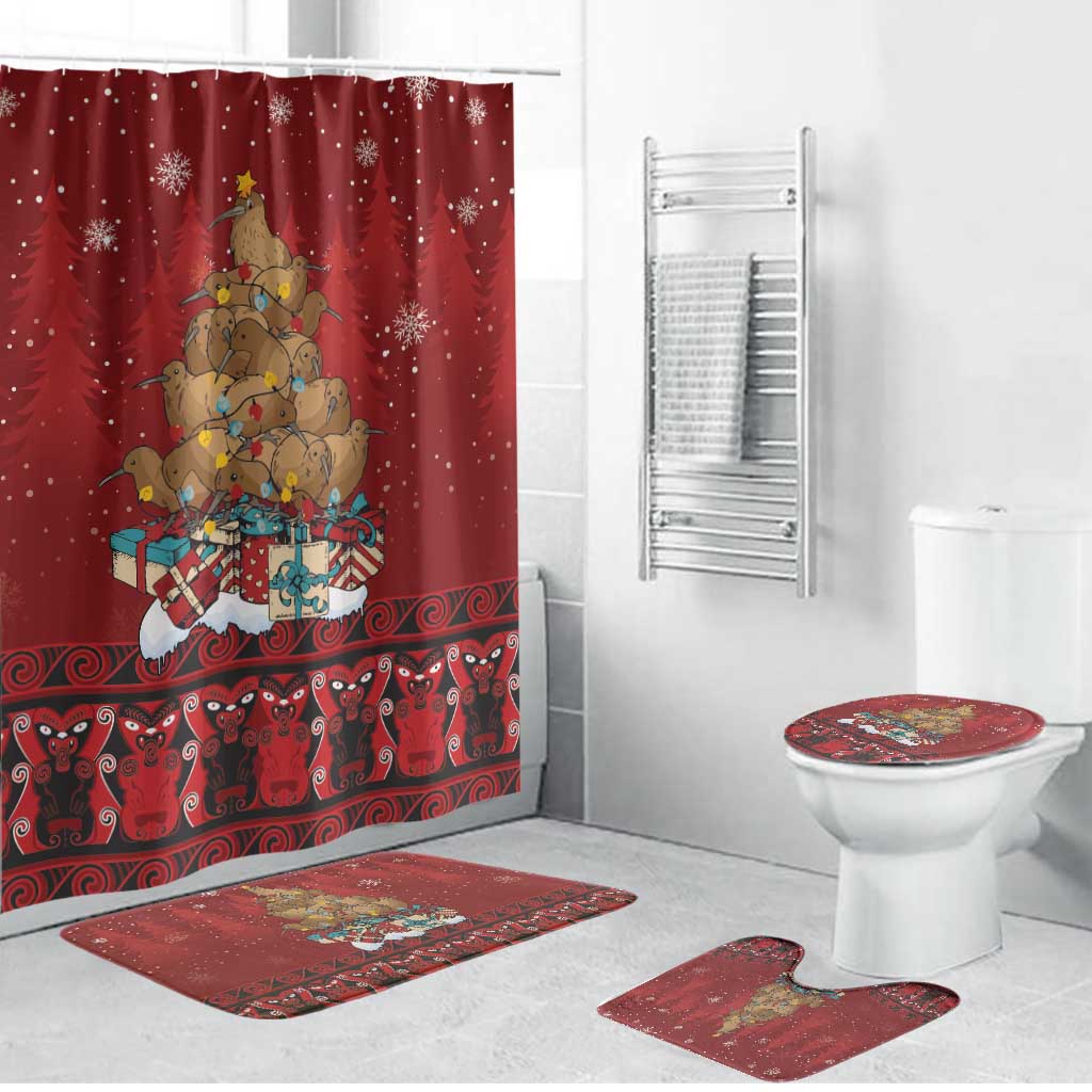 Funny Kiwi Bird Xmas Tree Bathroom Set New Zealand Tribal Christmas Spirit LT9 Bathroom Set (4 pcs) Red - Polynesian Pride