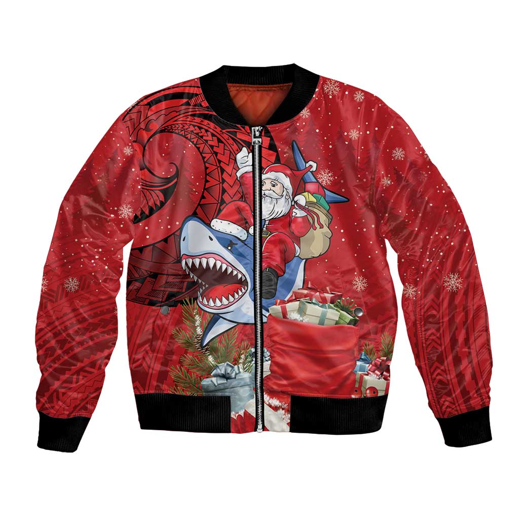 Funny Santa Riding Shark Bomber Jacket Polynesian Tribal Christmas Spirit LT9 Unisex Red - Polynesian Pride