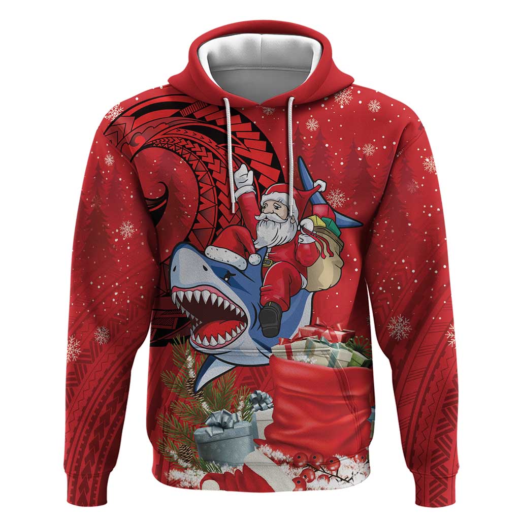 Funny Santa Riding Shark Hoodie Polynesian Tribal Christmas Spirit LT9 Pullover Hoodie Red - Polynesian Pride