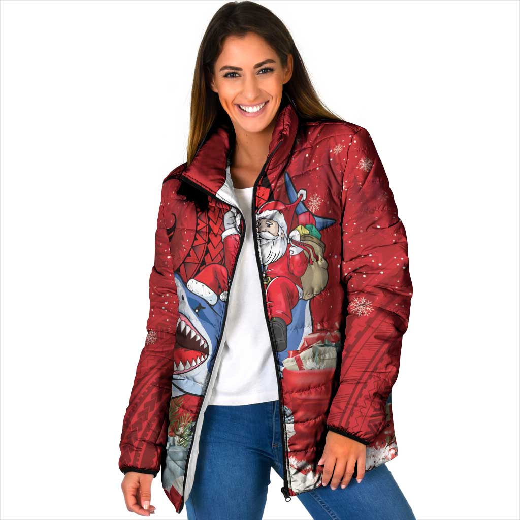 Funny Santa Riding Shark Padded Jacket Polynesian Tribal Christmas Spirit LT9 Women Red - Polynesian Pride