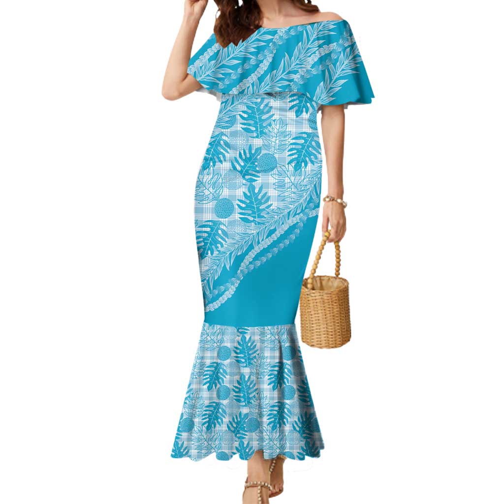 Hawaii Breadfruit Palaka Mermaid Dress Polu Maile Lei LT9 Women Blue - Polynesian Pride