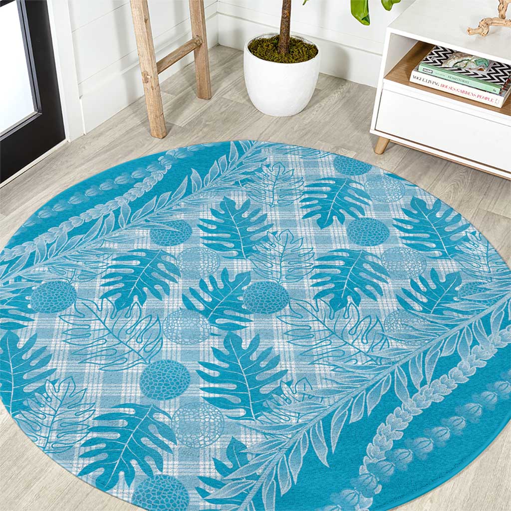 Hawaii Breadfruit Palaka Round Carpet Polu Maile Lei LT9 Blue - Polynesian Pride