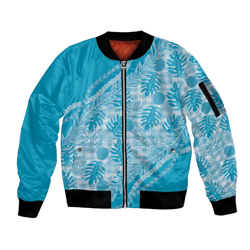 Hawaii Breadfruit Palaka Sleeve Zip Bomber Jacket Polu Maile Lei LT9 Unisex Blue - Polynesian Pride