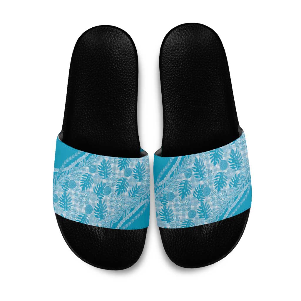 Hawaii Breadfruit Palaka Slide Sandals Polu Maile Lei LT9 Blue - Polynesian Pride
