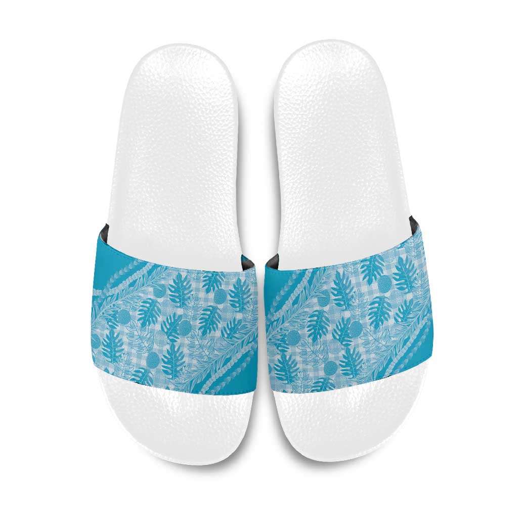Hawaii Breadfruit Palaka Slide Sandals Polu Maile Lei LT9 Blue - Polynesian Pride