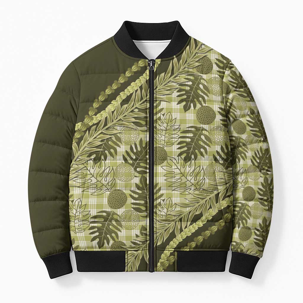Hawaii Breadfruit Palaka Bomber Puffer Jacket Omaomao Maile Lei LT9 Unisex Green - Polynesian Pride