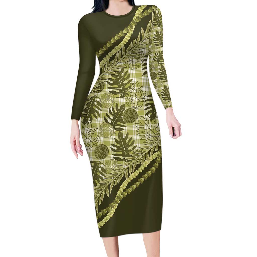 Hawaii Breadfruit Palaka Long Sleeve Bodycon Dress Omaomao Maile Lei LT9 Long Dress Green - Polynesian Pride