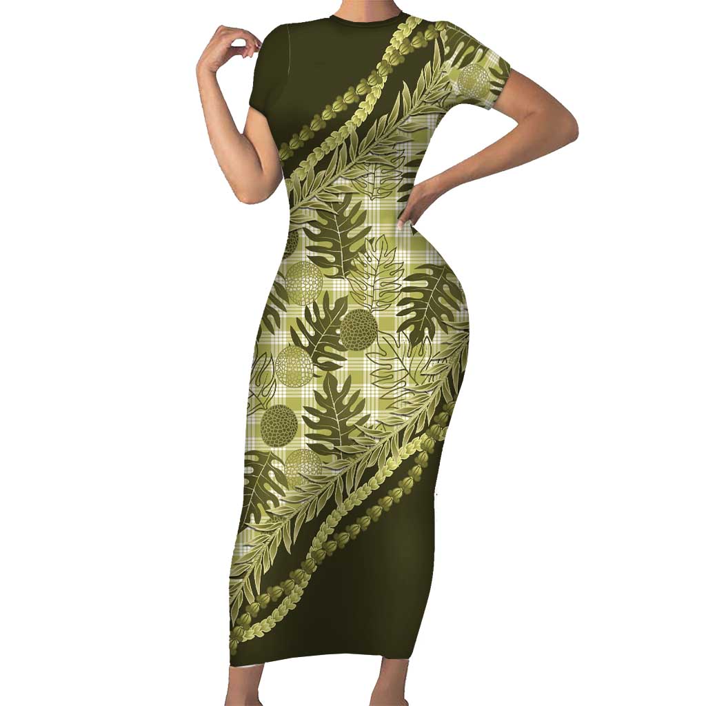 Hawaii Breadfruit Palaka Short Sleeve Bodycon Dress Omaomao Maile Lei LT9 Long Dress Green - Polynesian Pride