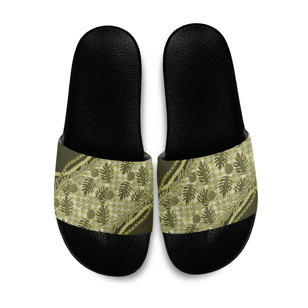 Hawaii Breadfruit Palaka Slide Sandals Omaomao Maile Lei LT9 Green - Polynesian Pride