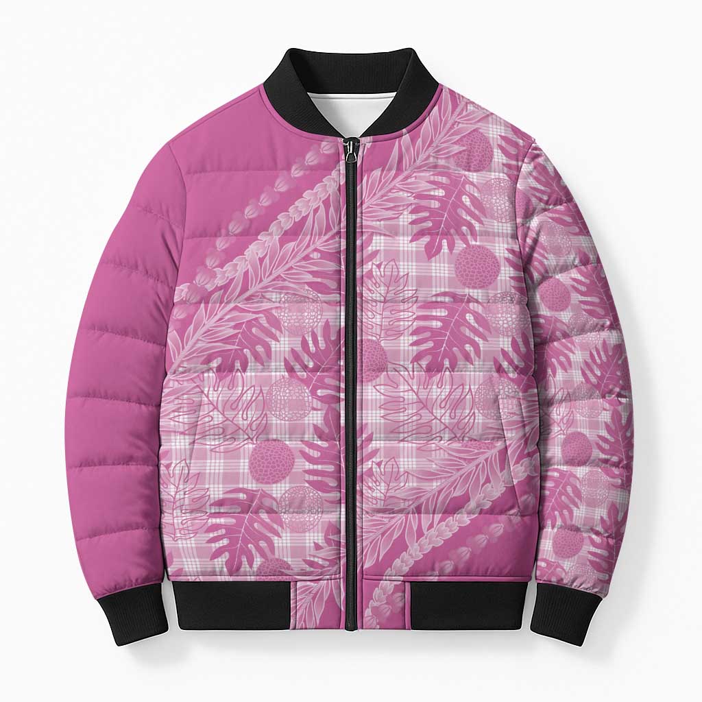 Hawaii Breadfruit Palaka Bomber Puffer Jacket Omaomao Ulaula Maile Lei LT9 Unisex Pink - Polynesian Pride