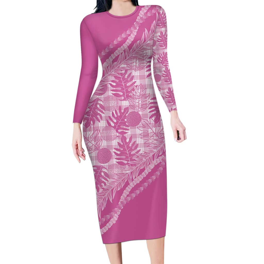 Hawaii Breadfruit Palaka Long Sleeve Bodycon Dress Omaomao Ulaula Maile Lei LT9 Long Dress Pink - Polynesian Pride