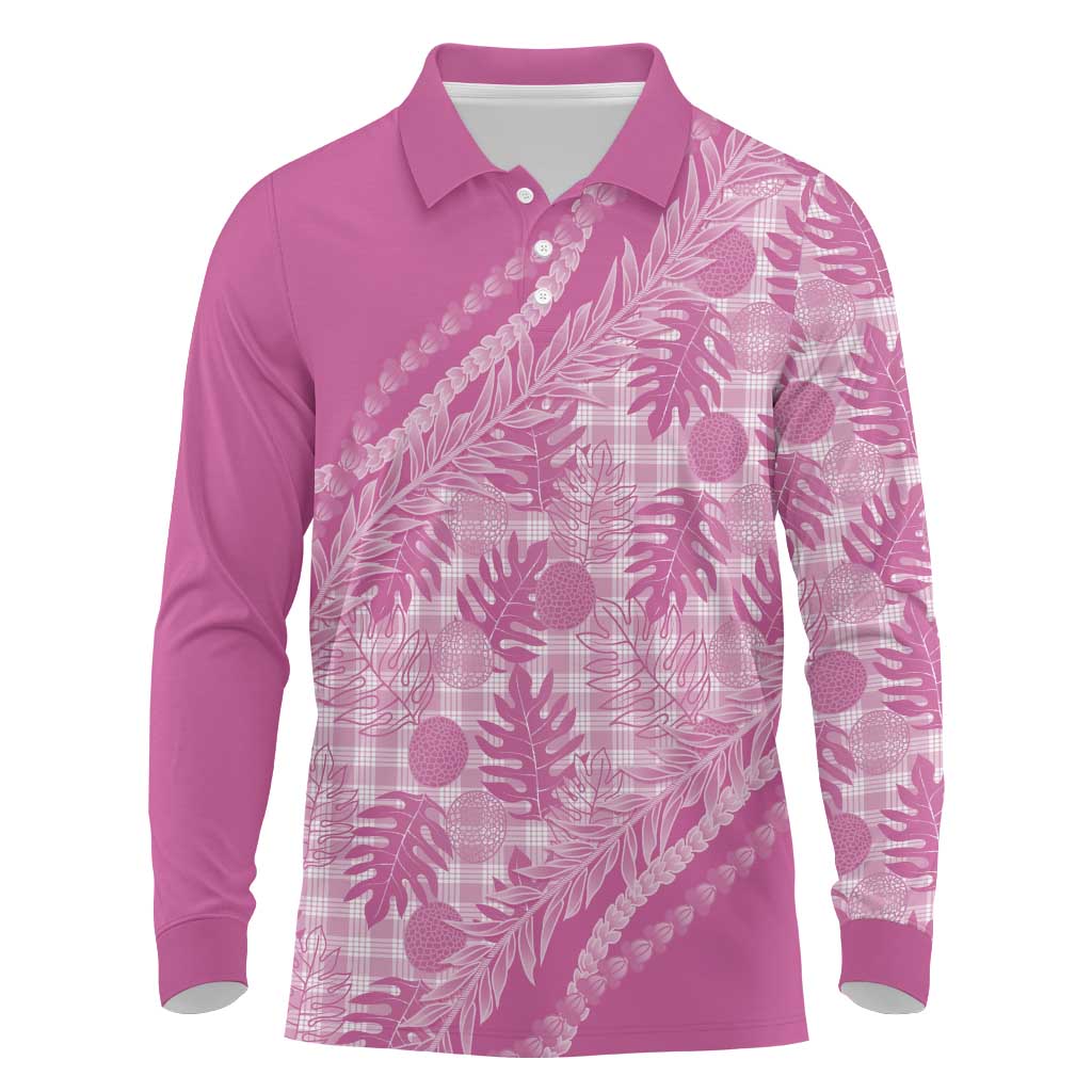 Hawaii Breadfruit Palaka Long Sleeve Polo Shirt Omaomao Ulaula Maile Lei LT9 Pink - Polynesian Pride