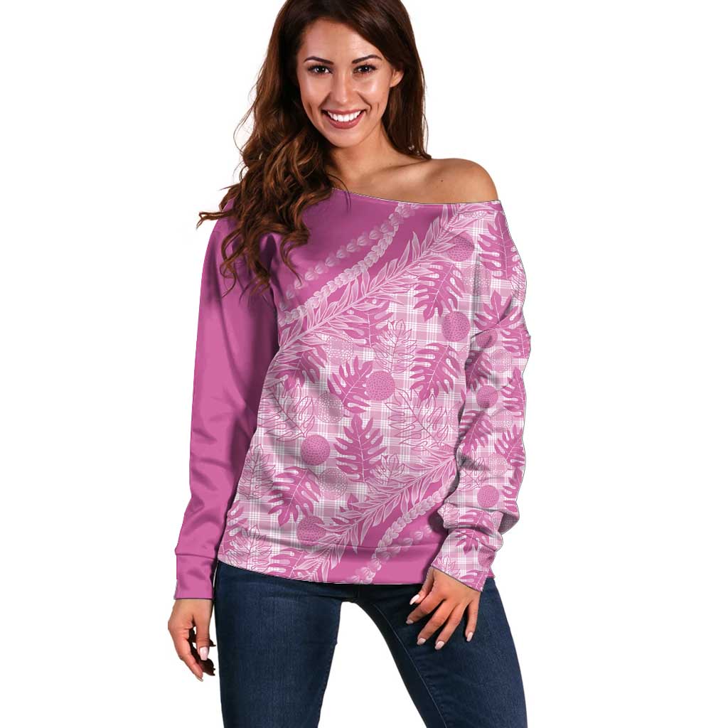Hawaii Breadfruit Palaka Off Shoulder Sweater Omaomao Ulaula Maile Lei LT9 Women Pink - Polynesian Pride