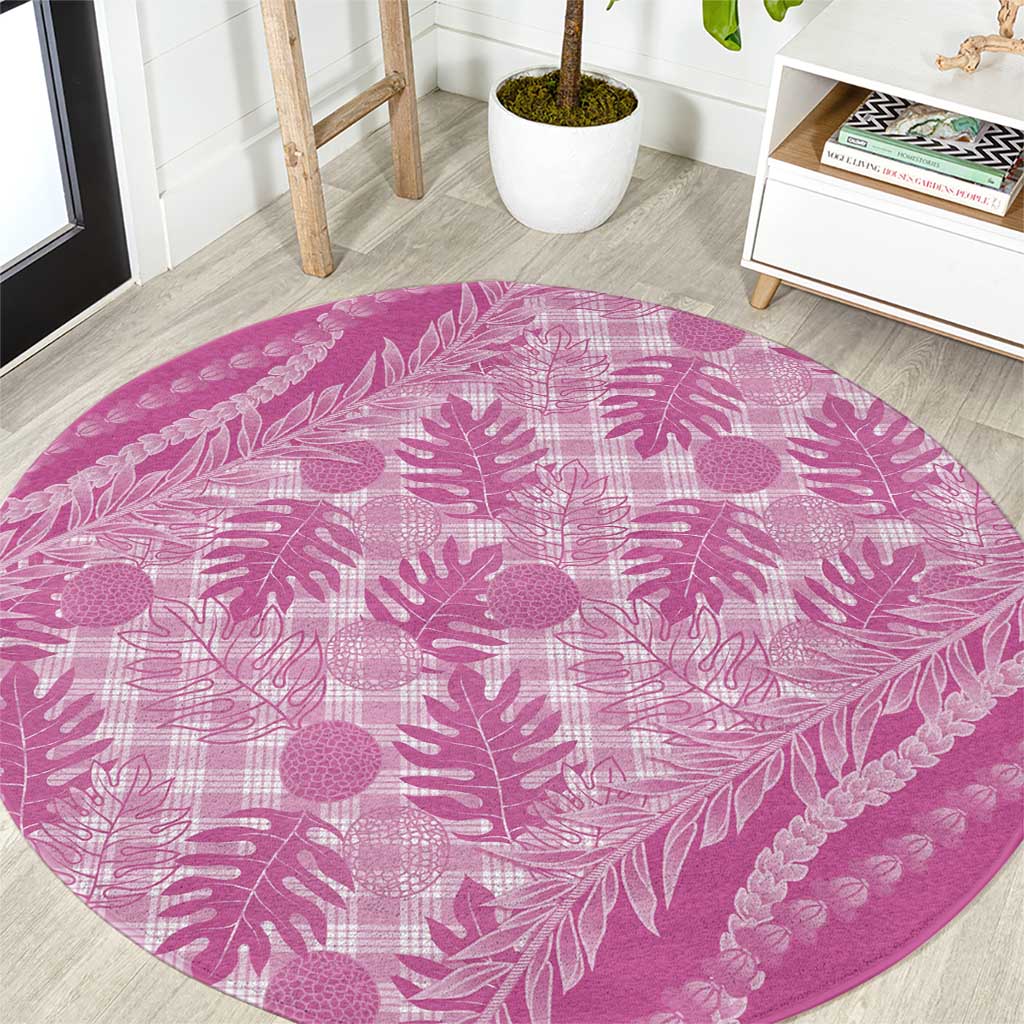 Hawaii Breadfruit Palaka Round Carpet Omaomao Ulaula Maile Lei LT9 Pink - Polynesian Pride