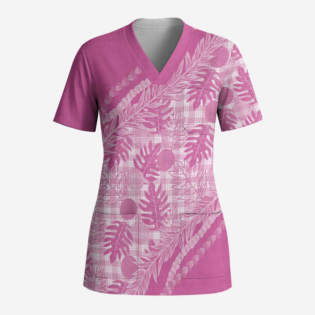 Hawaii Breadfruit Palaka Scrub Top Omaomao Ulaula Maile Lei LT9 Adult Pink - Polynesian Pride